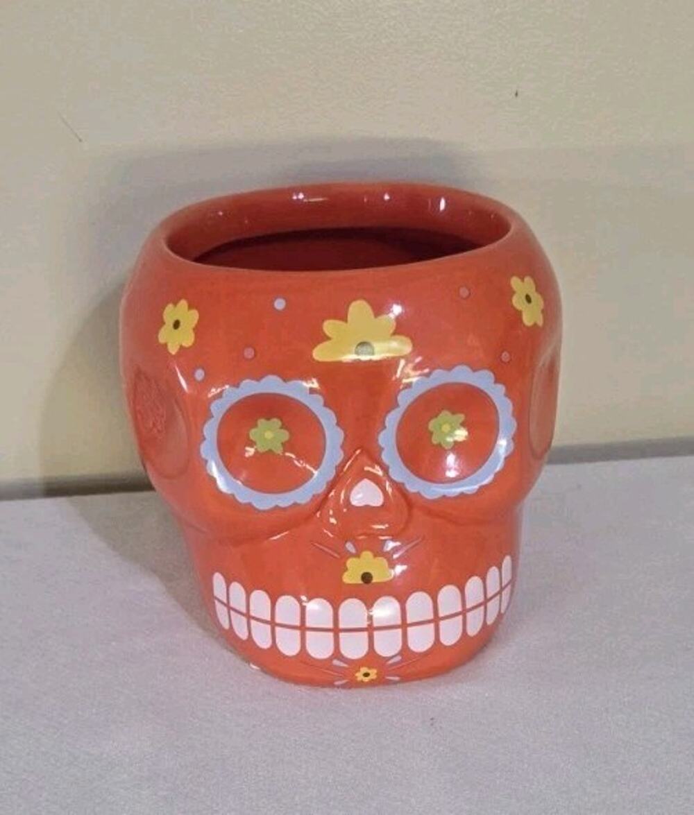 Large Bright Orange Sugar Skull Day Of The Dead Ceramic Planter 5.75 Inch
